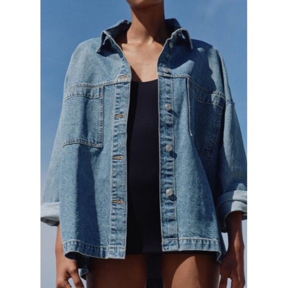 Zara Women's Sz M Patch Pocket Denim Jacket Light Wash Oversize - Picture 1 of 11